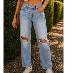 Old Navy Womens Boyfriend Mid Rise 0‎  Distressed Ripped Knee Light Wash Jeans